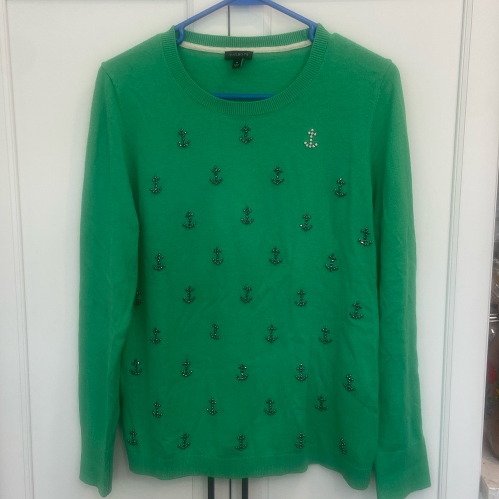 NWT Talbots Cute Green Beaded Anchor Sweater